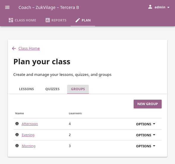 Open Coach > Plan page and navigate to Groups tab to view and manage learners and groups.