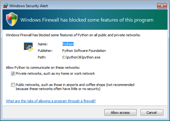 Windows security alert window that opens when Windows firewall needs your permission to allow the Python process, needed to run Kolibri, to be executed on your computer.