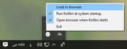 When you right click the Kolibri taskbar icon, you can see the taskbar options.