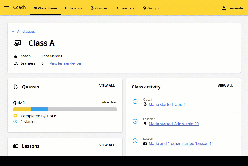Open the Coach page to view the list of classes
