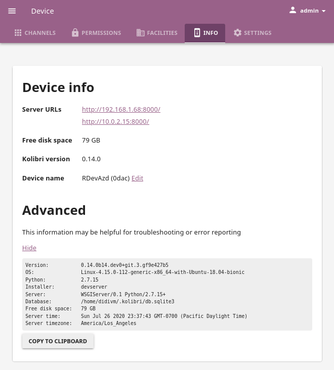 Open the Device page and navigate to the Info tab to find the IP (Server URL) for your device.