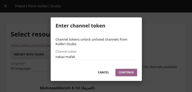 Use the text input field to enter channel token in order to import from an unlisted channel