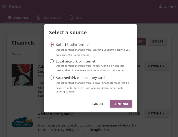 Use the radio buttons to select source for importing resources