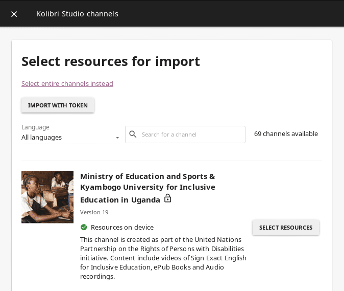 Available channels on Kolibri Studio page where you can select which public channel you want to import resources from.