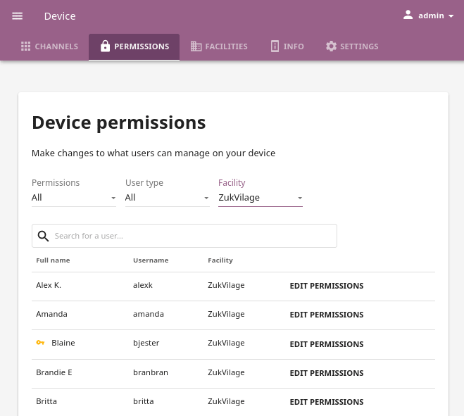 Open the Device page and navigate to Permissions tab to see permissions for every user