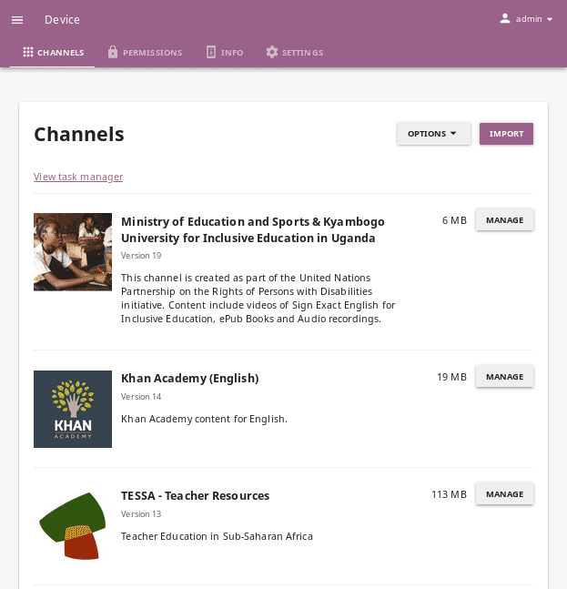 Open the Device page and Channels tab to see the list of available channels on your device